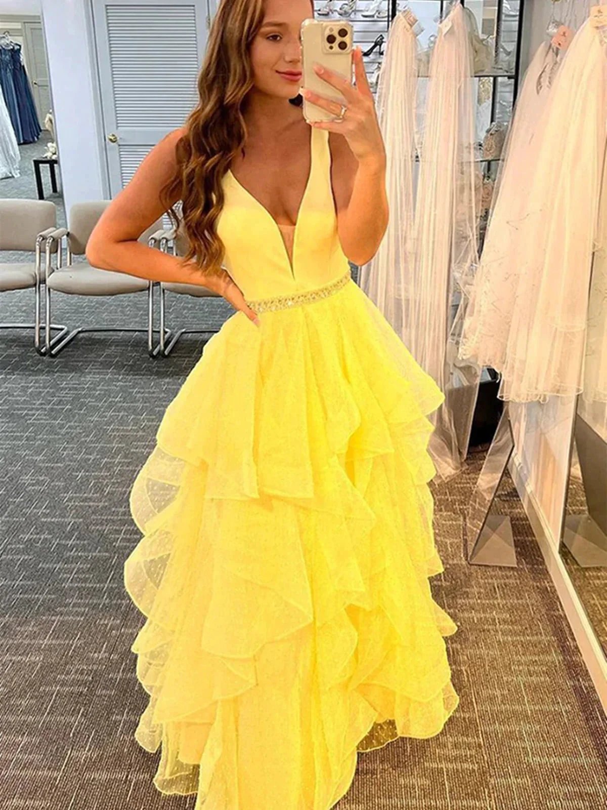 A-line V Neck Layered Tulle Long Prom Dresses with Belt Yellow Formal Graduation Evening Gowns by BIZTUNNEL