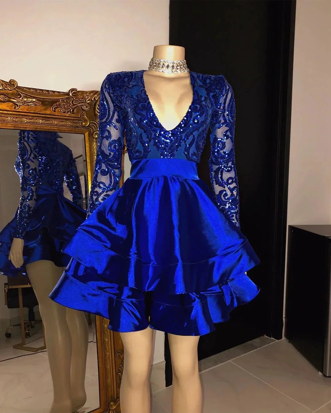 A-line V-neck Layers Sequins Short Prom Dress with Sleeves by BIZTUNNEL
