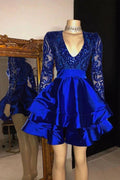 A-line V-neck Layers Sequins Short Prom Dress with Sleeves by BIZTUNNEL