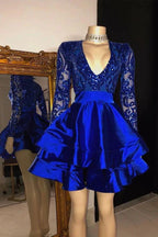 A-line V-neck Layers Sequins Short Prom Dress with Sleeves by BIZTUNNEL