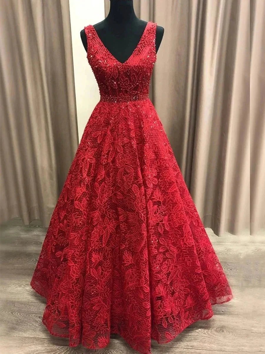 A-line V Neck Long Lace Prom Dresses Burgundy Formal Graduation Evening Gowns by BIZTUNNEL