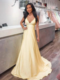 A-line V Neck Long Prom Dresses Satin Formal Graduation Evening Gowns by BIZTUNNEL