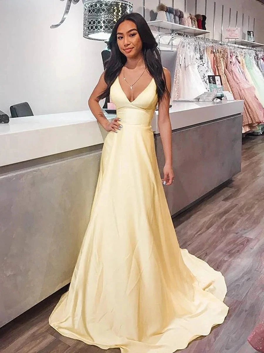 A-line V Neck Long Prom Dresses Satin Formal Graduation Evening Gowns by BIZTUNNEL