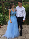 A Line V Neck Long Prom Dresses Tulle Beading Formal Evening Gowns by BIZTUNNEL