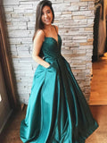 A Line V Neck Long Prom Dresses with Pockets Satin Formal Evening Dresses by BIZTUNNEL