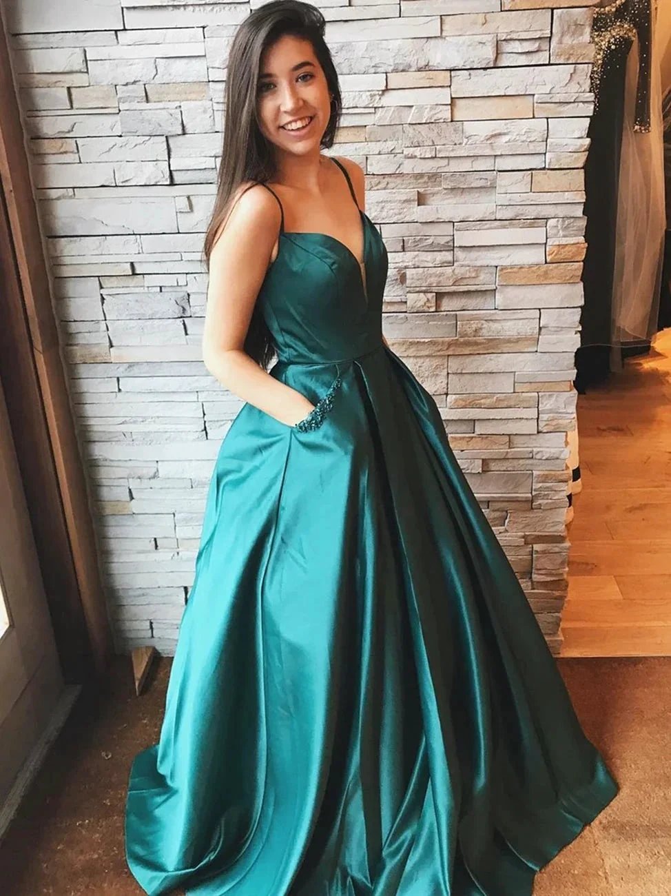 A Line V Neck Long Prom Dresses with Pockets Satin Formal Evening Dresses by BIZTUNNEL