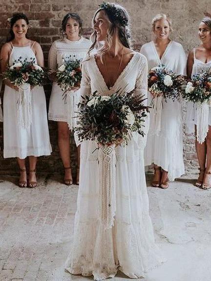 A-line V neck Long Sleeve Wedding Dress Rustic Boho Wedding Dress WD516 by pgmdress