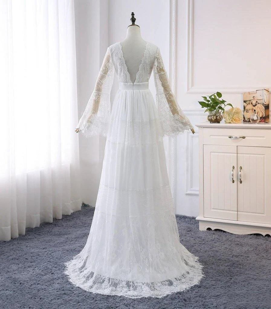 A-line V neck Long Sleeve Wedding Dress Rustic Boho Wedding Dress WD516 by pgmdress