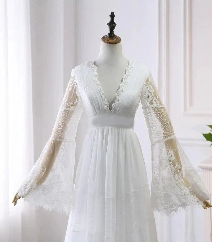 A-line V neck Long Sleeve Wedding Dress Rustic Boho Wedding Dress WD516 by pgmdress