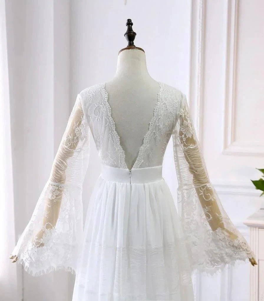 A-line V neck Long Sleeve Wedding Dress Rustic Boho Wedding Dress WD516 by pgmdress