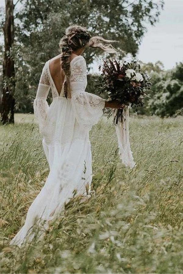 A-line V neck Long Sleeve Wedding Dress Rustic Boho Wedding Dress WD516 by pgmdress