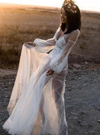 A-Line V-Neck Long Sleeves Beach Wedding Dress with Appliques WD407 by pgmdress