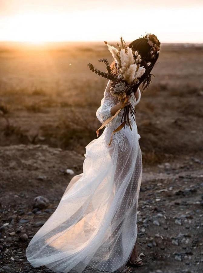 A-Line V-Neck Long Sleeves Beach Wedding Dress with Appliques WD407 by pgmdress
