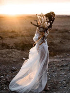 A-Line V-Neck Long Sleeves Beach Wedding Dress with Appliques WD407 by pgmdress