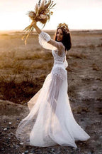 A-Line V-Neck Long Sleeves Beach Wedding Dress with Appliques WD407 by pgmdress