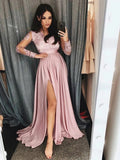 A-line V Neck Long Sleeves Lace Satin Formal Prom Dresses with Leg Slit by BIZTUNNEL