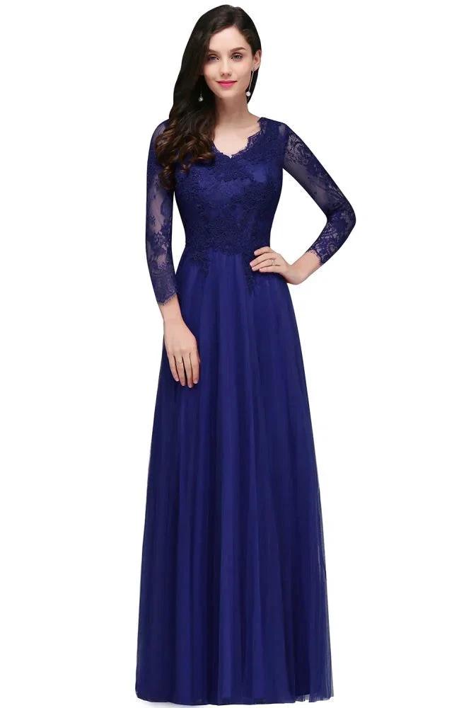 A-line V-neck Long Sleeves Lace Tulle Backless Prom Dresses by misshow.com