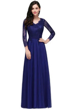 A-line V-neck Long Sleeves Lace Tulle Backless Prom Dresses by misshow.com