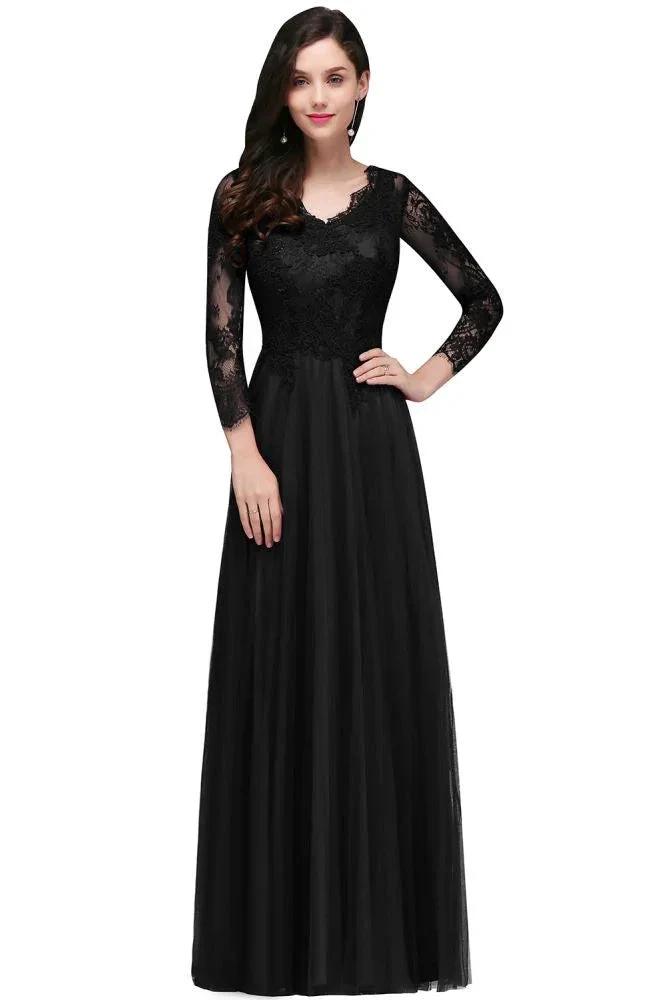 A-line V-neck Long Sleeves Lace Tulle Backless Prom Dresses by misshow.com