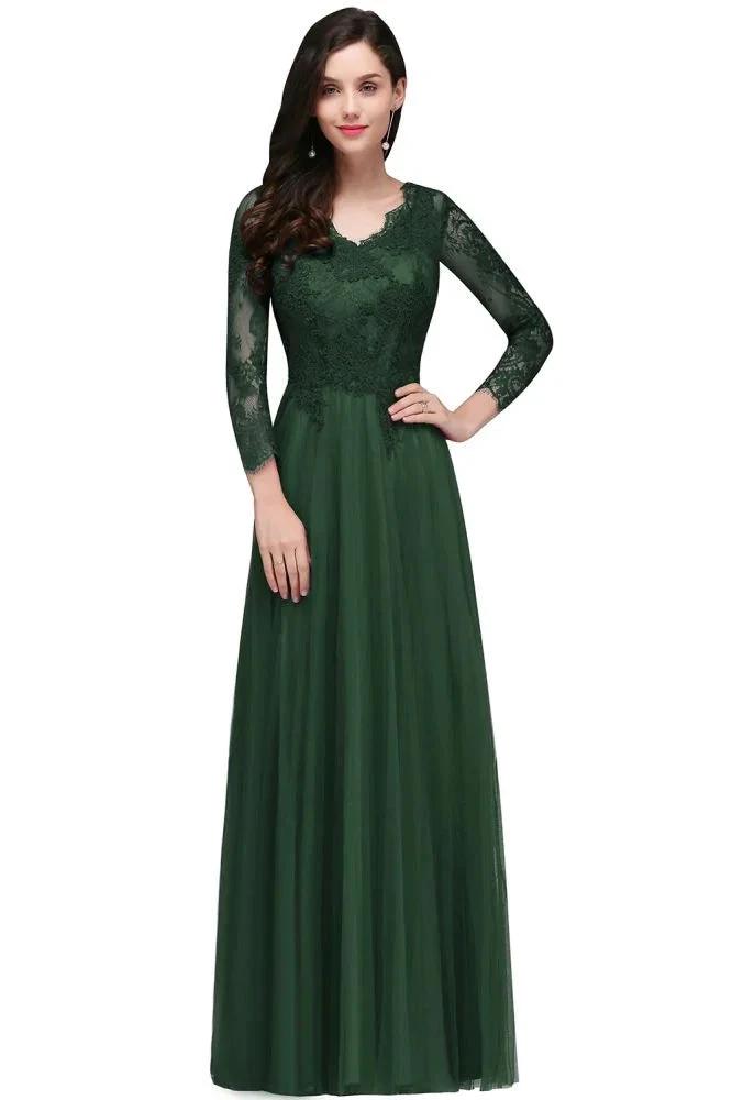 A-line V-neck Long Sleeves Lace Tulle Backless Prom Dresses by misshow.com