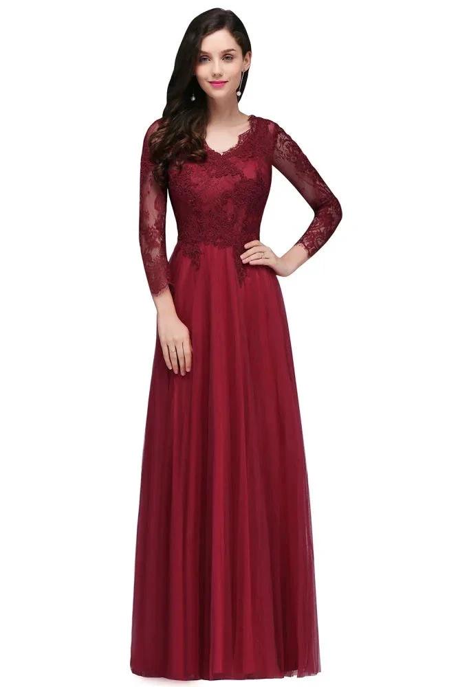 A-line V-neck Long Sleeves Lace Tulle Backless Prom Dresses by misshow.com