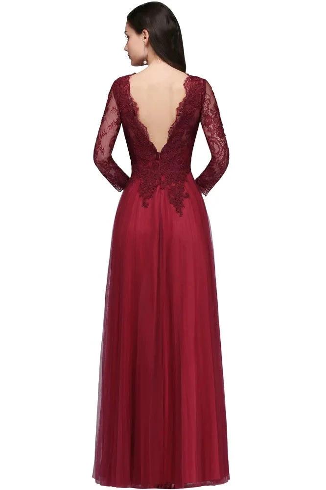 A-line V-neck Long Sleeves Lace Tulle Backless Prom Dresses by misshow.com