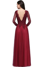 A-line V-neck Long Sleeves Lace Tulle Backless Prom Dresses by misshow.com