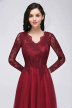 A-line V-neck Long Sleeves Lace Tulle Backless Prom Dresses by misshow.com