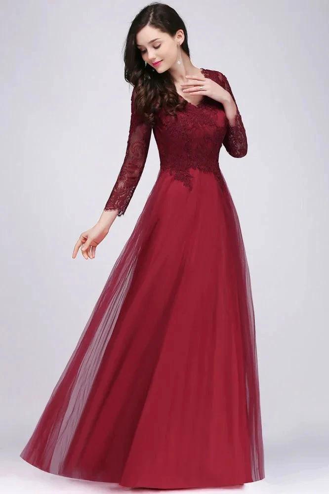 A-line V-neck Long Sleeves Lace Tulle Backless Prom Dresses by misshow.com