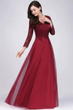 A-line V-neck Long Sleeves Lace Tulle Backless Prom Dresses by misshow.com