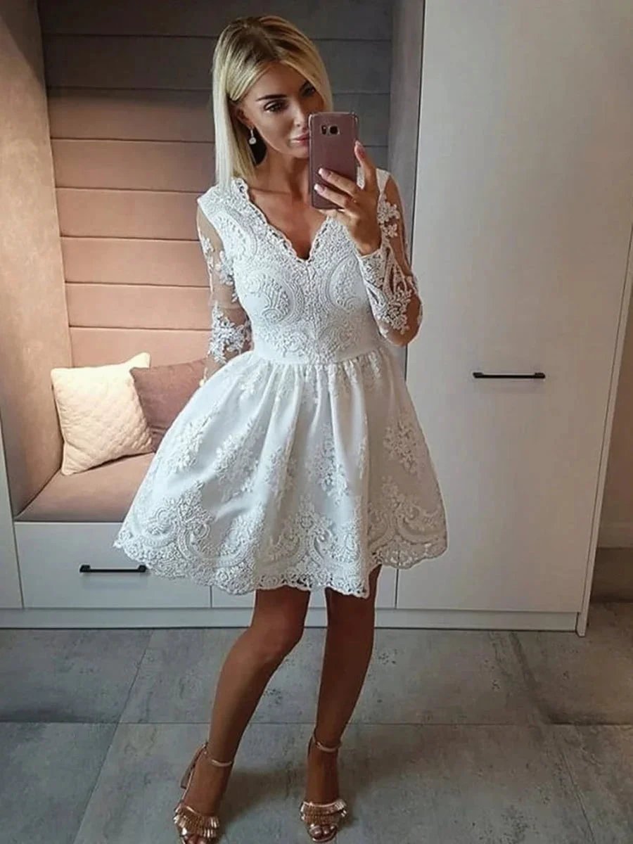 A-line V Neck Long Sleeves Lace White Short Prom Homecoming Dresses by BIZTUNNEL
