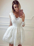 A-line V Neck Long Sleeves Lace White Short Prom Homecoming Dresses by BIZTUNNEL