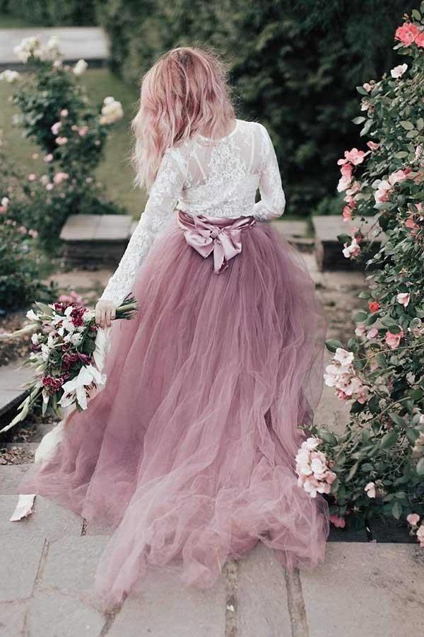 A-Line V-Neck Long Sleeves Pink Tulle Wedding Dress with Lace Appliques WD311 by pgmdress