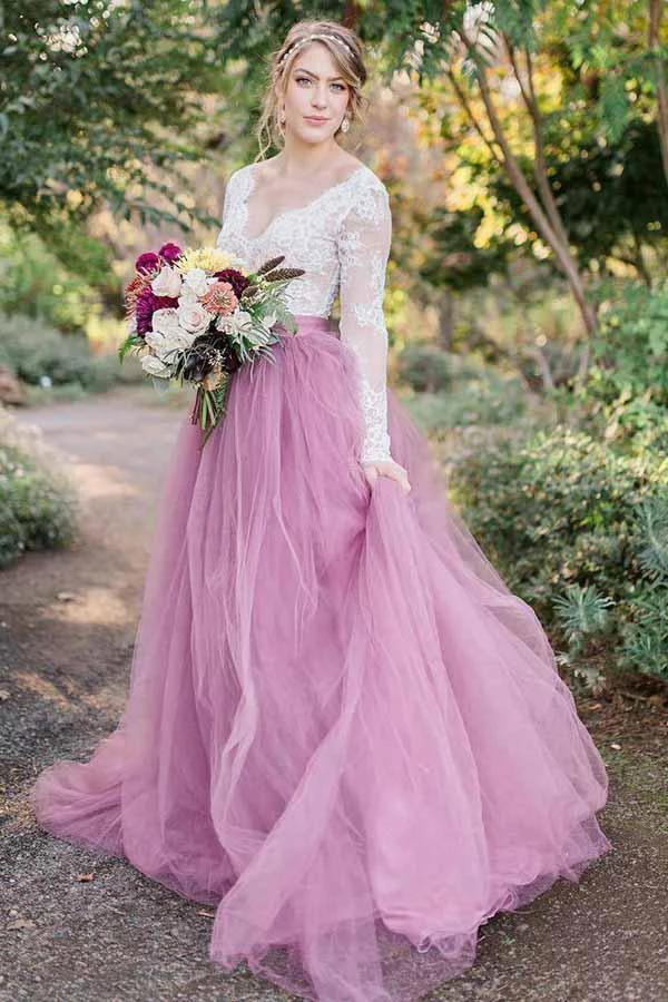 A-Line V-Neck Long Sleeves Pink Tulle Wedding Dress with Lace Appliques WD311 by pgmdress