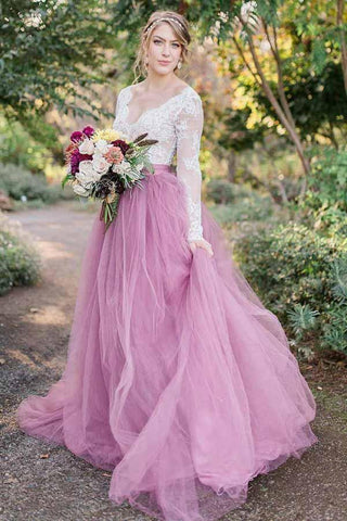 A-Linie V-Ausschnitt Langarm Rosa Tüll Brautkleid mit Spitzenapplikationen WD311