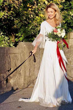 A-Line V-Neck Long Sleeves Satin Wedding Party Dress with Lace WD312 by pgmdress