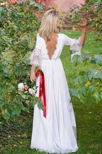 A-Line V-Neck Long Sleeves Satin Wedding Party Dress with Lace WD312 by pgmdress