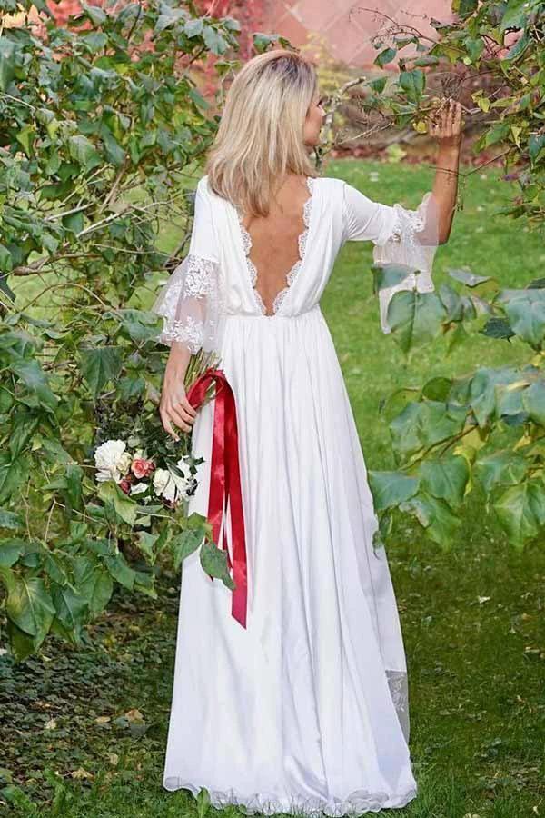 A-Line V-Neck Long Sleeves Satin Wedding Party Dress with Lace WD312 by pgmdress