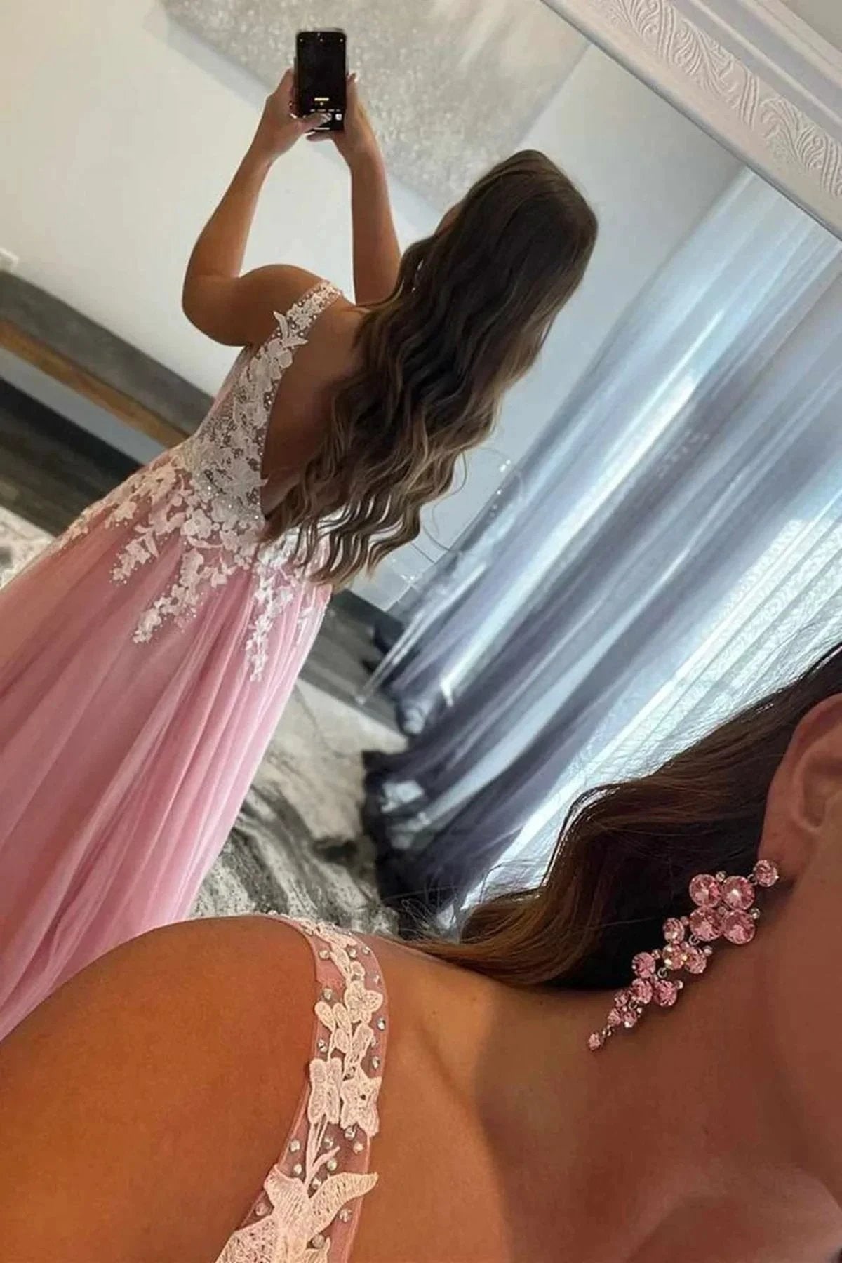 A-line V Neck Open Back Beaded Tulle Lace Long Prom Dresses Pink Formal Graduation Evening Gowns by BIZTUNNEL