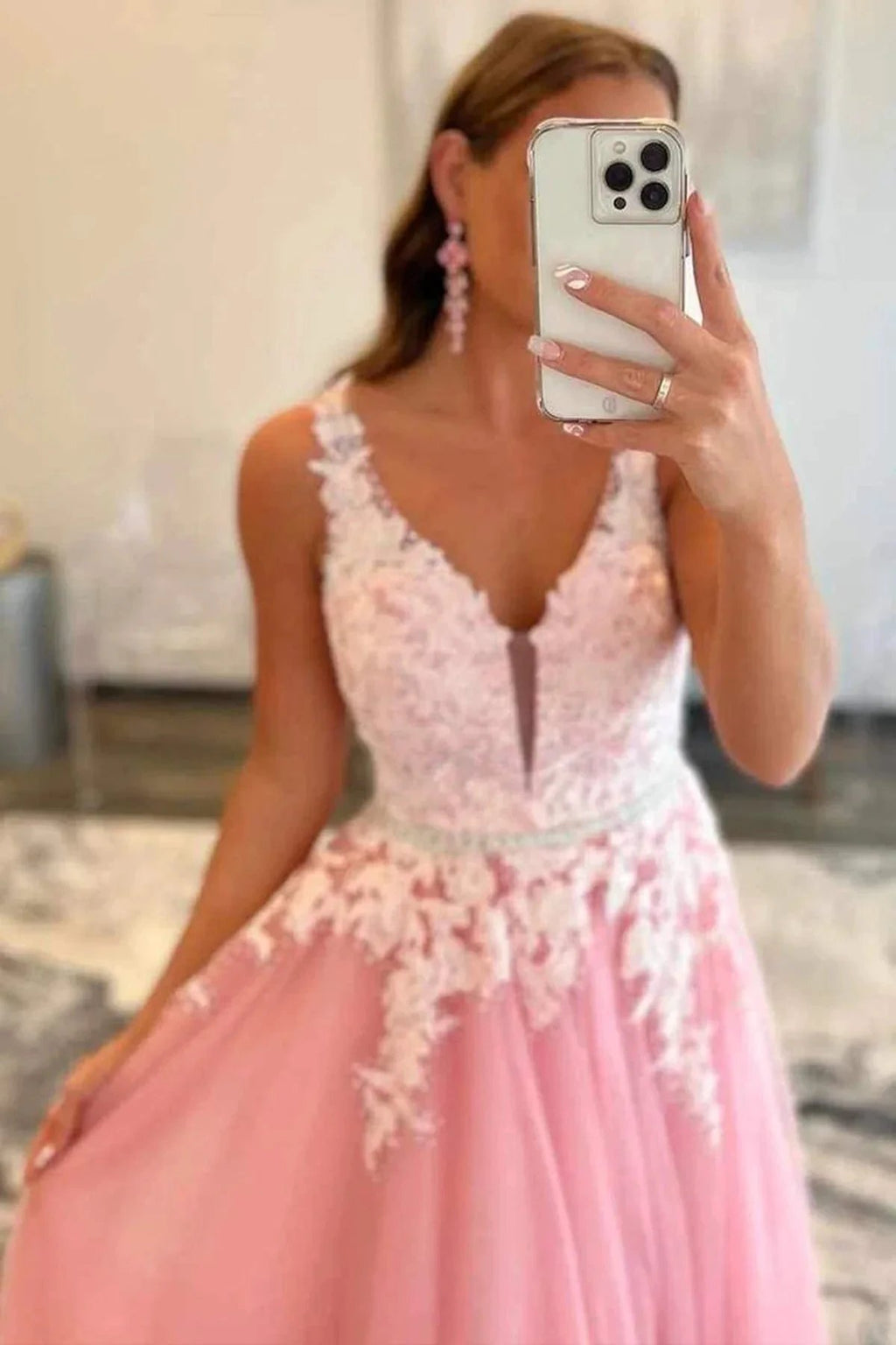 A-line V Neck Open Back Beaded Tulle Lace Long Prom Dresses Pink Formal Graduation Evening Gowns by BIZTUNNEL