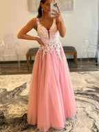 A-line V Neck Open Back Beaded Tulle Lace Long Prom Dresses Pink Formal Graduation Evening Gowns by BIZTUNNEL