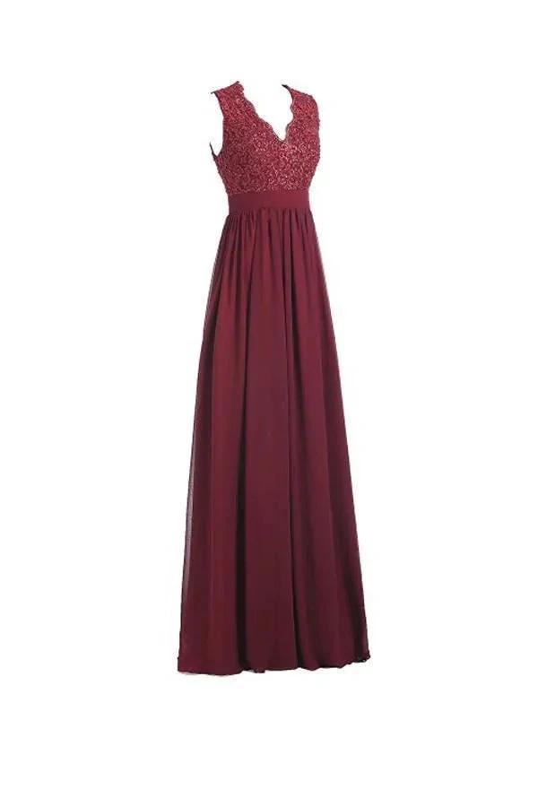 A-line V Neck Open Back Chiffon Long Evening Gown with Lace PG253 by pgmdress