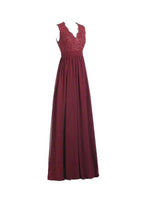 A-line V Neck Open Back Chiffon Long Evening Gown with Lace PG253 by pgmdress