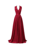 A-line V Neck Open Back Chiffon Long Evening Gown with Lace PG253 by pgmdress
