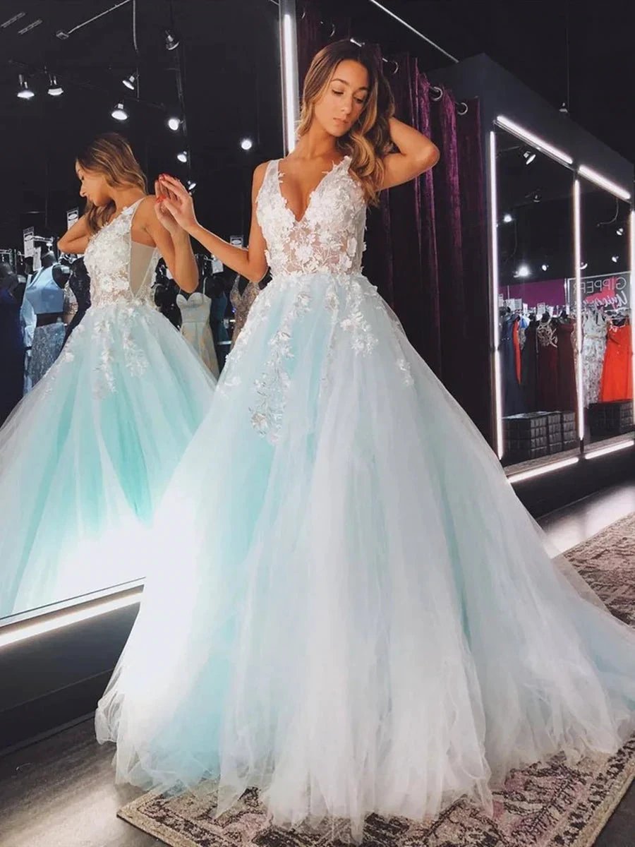 A-line V Neck Open Back Lace Floral Long Prom Dresses Tulle Formal Evening Gowns by BIZTUNNEL