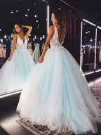 A-line V Neck Open Back Lace Floral Long Prom Dresses Tulle Formal Evening Gowns by BIZTUNNEL
