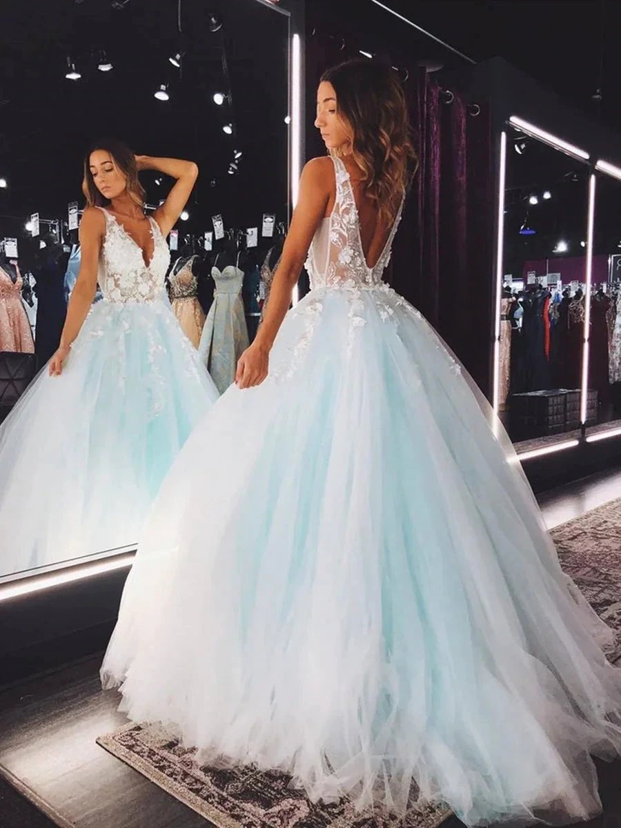 A-line V Neck Open Back Lace Floral Long Prom Dresses Tulle Formal Evening Gowns by BIZTUNNEL