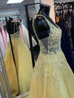 A-line V Neck Open Back Lace Floral Long Prom Dresses Yellow Tulle Formal Gowns by BIZTUNNEL