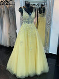 A-line V Neck Open Back Lace Floral Long Prom Dresses Yellow Tulle Formal Gowns by BIZTUNNEL