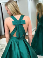A-line V Neck Open Back Satin Long Prom Dresses with Pocket Green Formal Evening Gowns by BIZTUNNEL